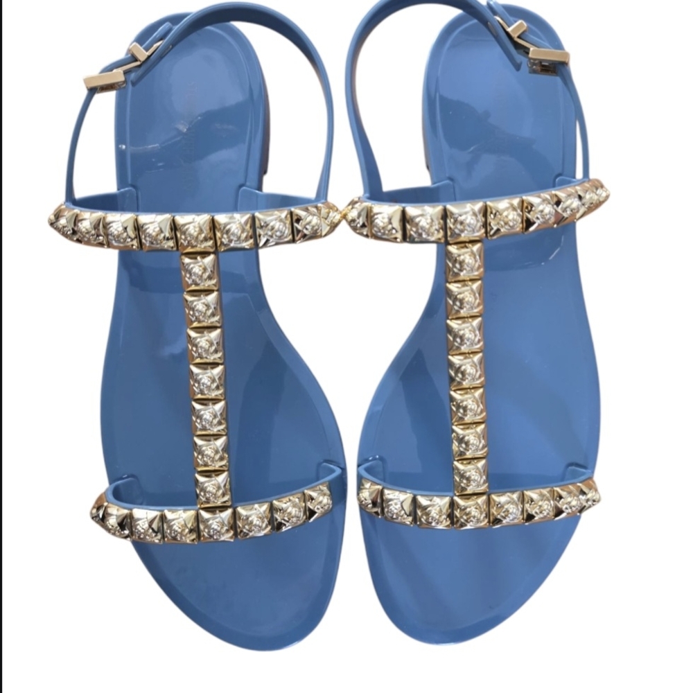 Stuart Weitzman Womens Jelly Studded Strap Open Toe Flats Sandals Blue Size 9 - Picture 2 of 5